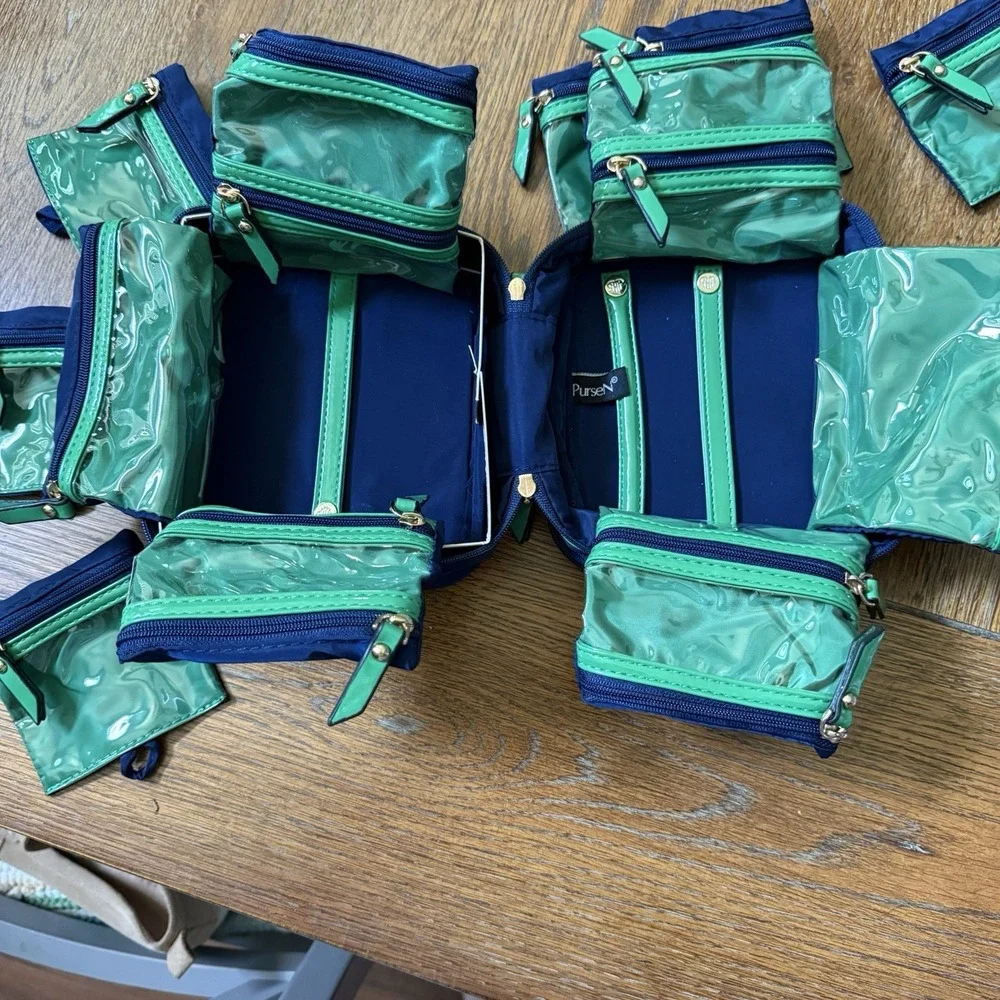 PurseN  Weekender Jewelry Case Navy Blue/Green Piping Expandable Satin